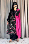 Black Floral Embroidered 3-Piece Lawn Suit with Pink Dupatta – Summer Collection