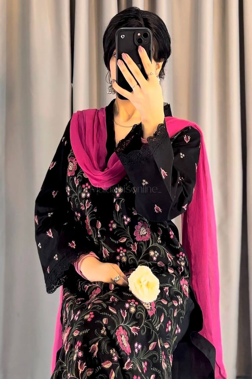 Black Floral Embroidered 3-Piece Lawn Suit with Pink Dupatta – Summer Collection