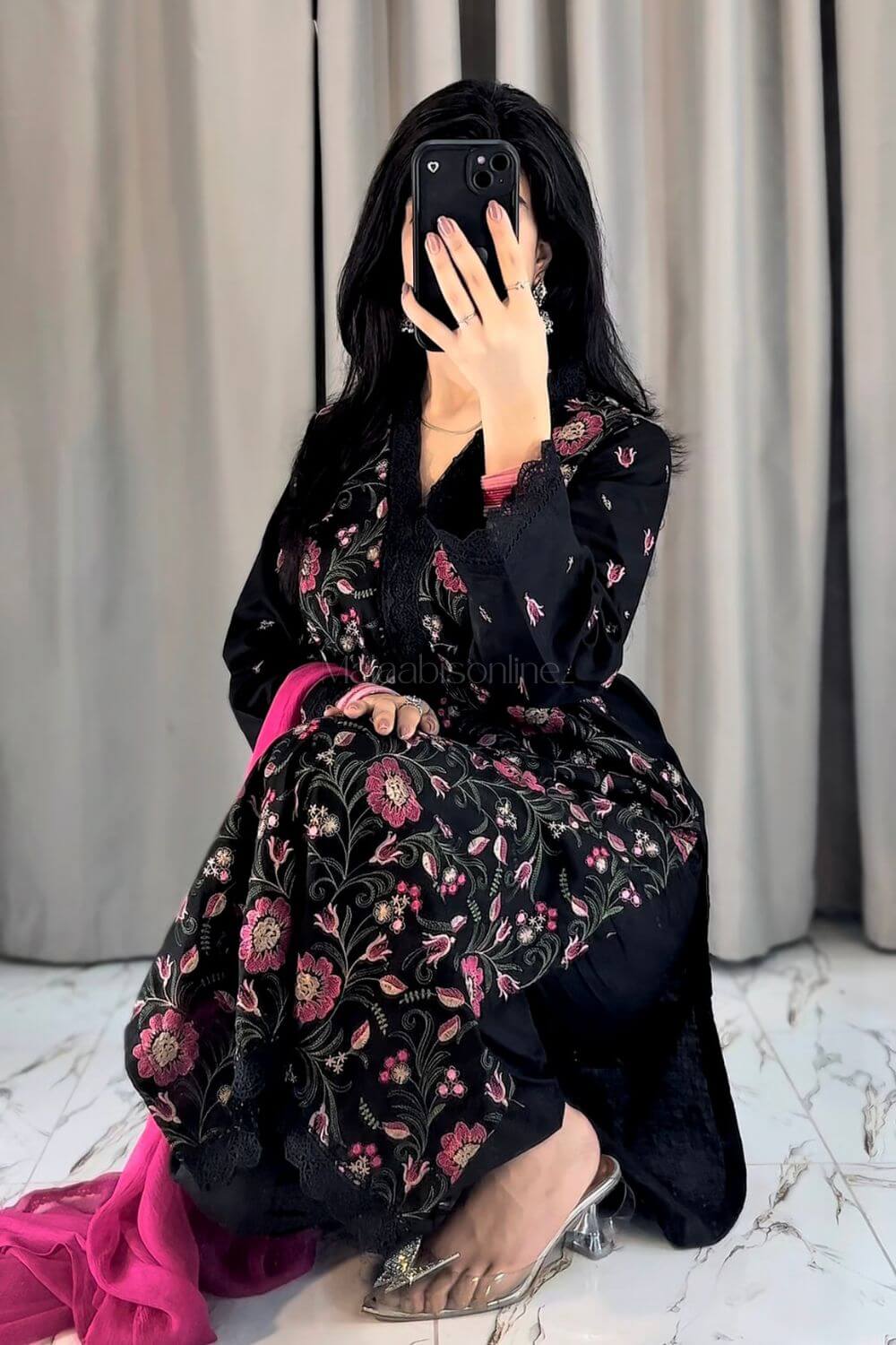 Black Floral Embroidered 3-Piece Lawn Suit with Pink Dupatta – Summer Collection