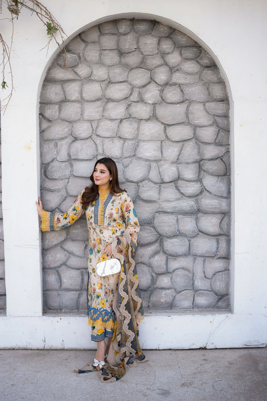 3PC Stitched Lawn Print Emb Shirt PRINT