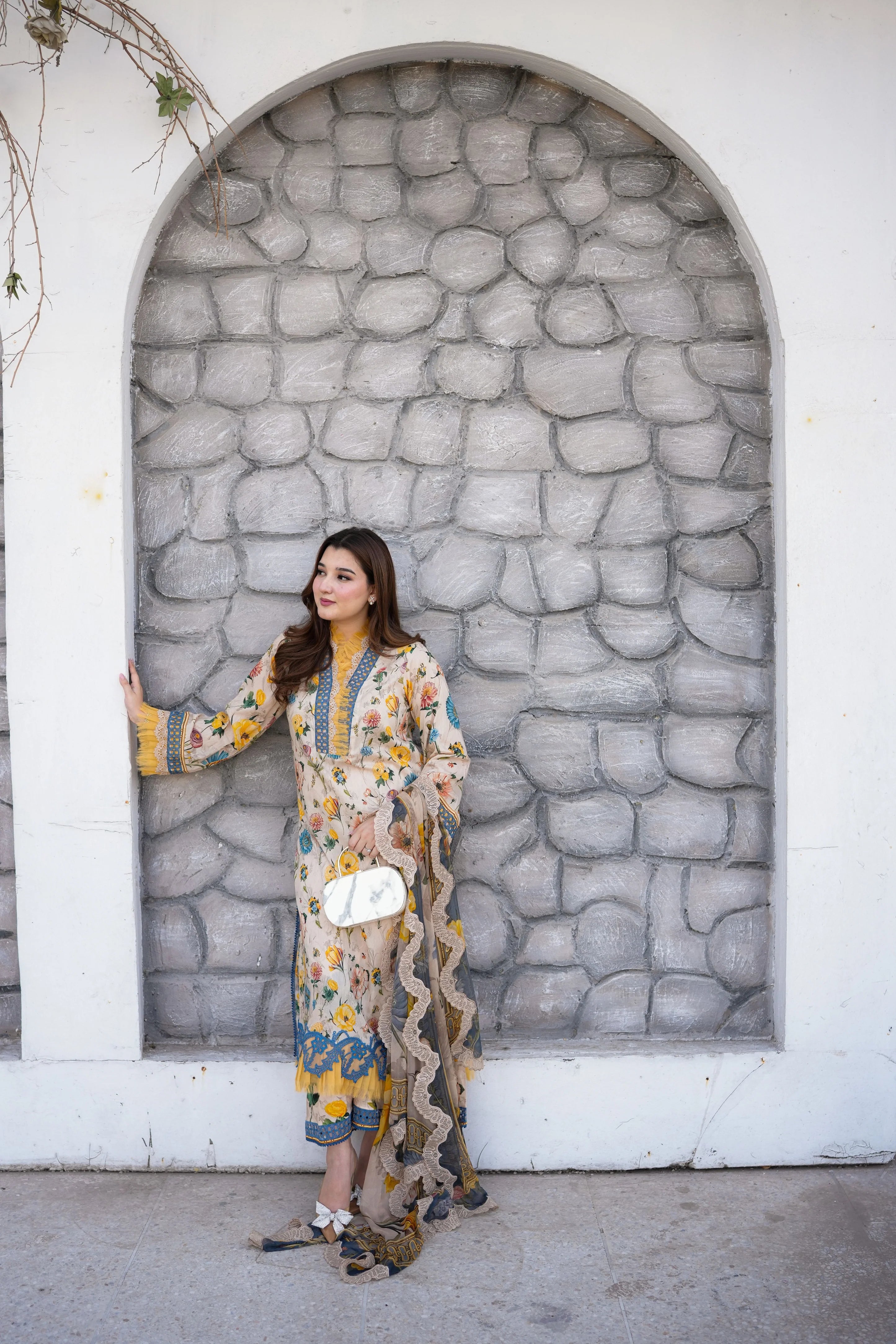 3PC Stitched Lawn Print Emb Shirt PRINT