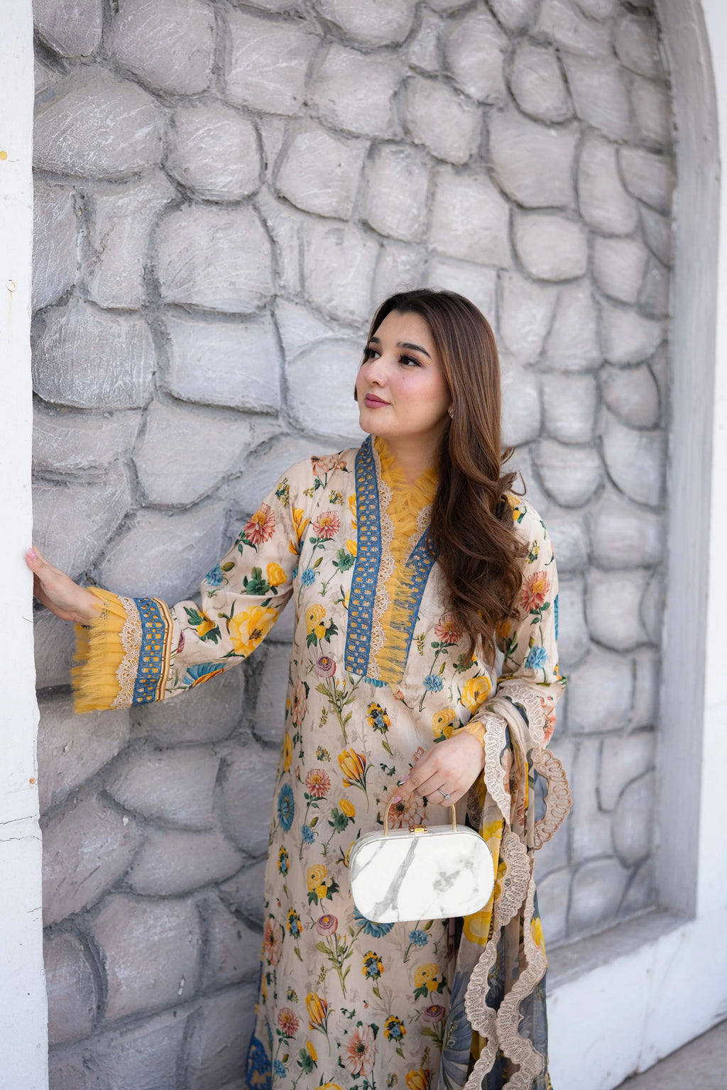 3PC Stitched Lawn Print Emb Shirt PRINT