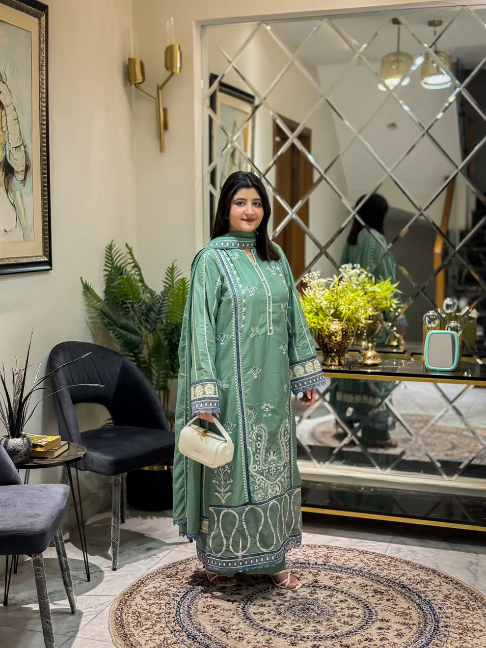 Elegant Sage Green Embroidered Summer Lawn Suit with Matching Dupatta