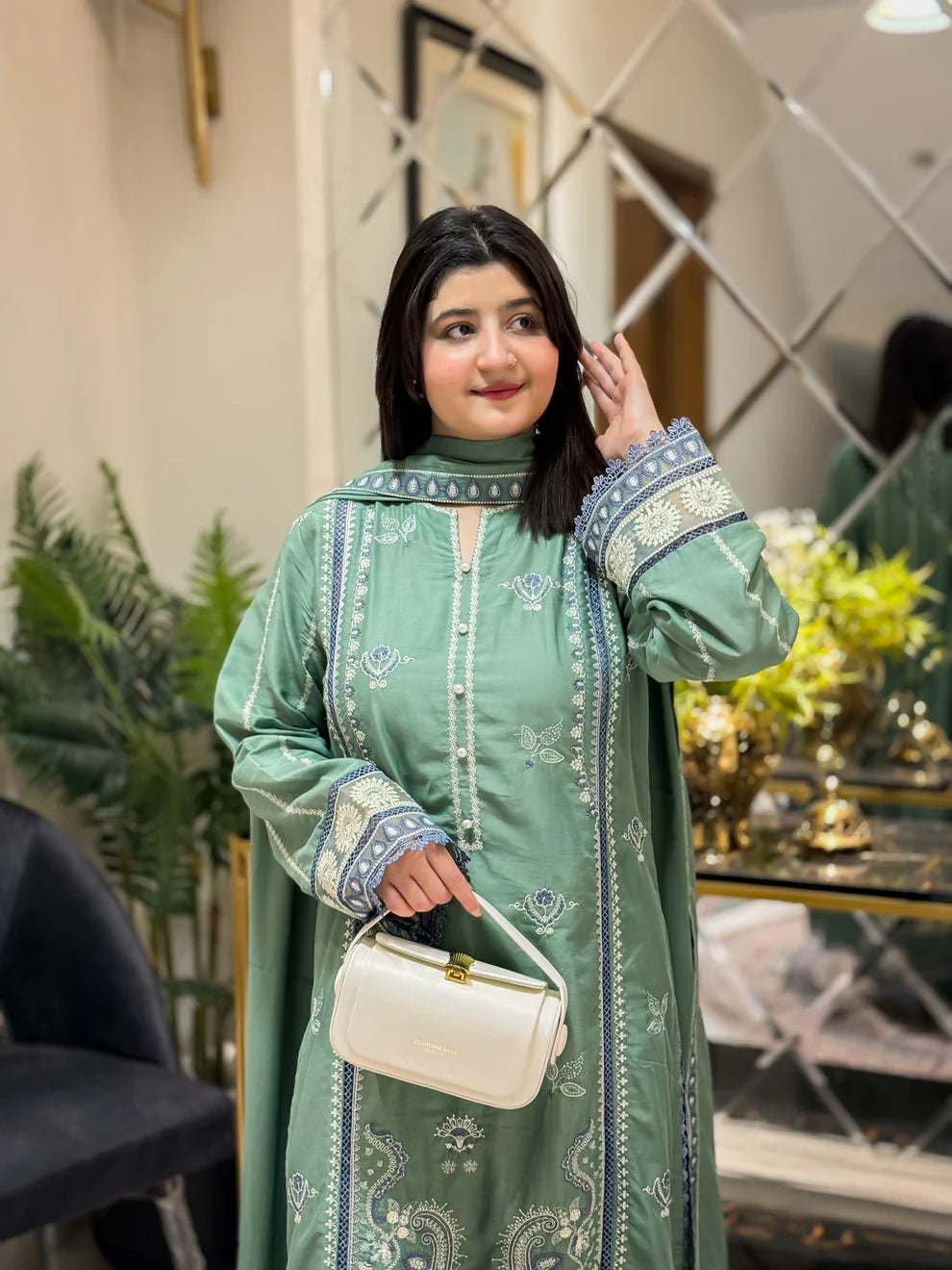 Elegant Sage Green Embroidered Summer Lawn Suit with Matching Dupatta