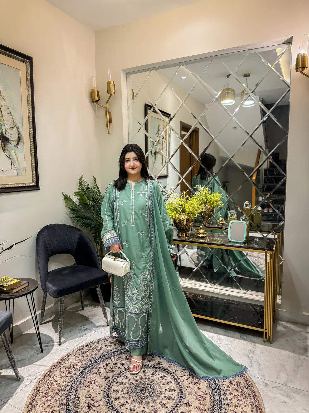 Elegant Sage Green Embroidered Summer Lawn Suit with Matching Dupatta