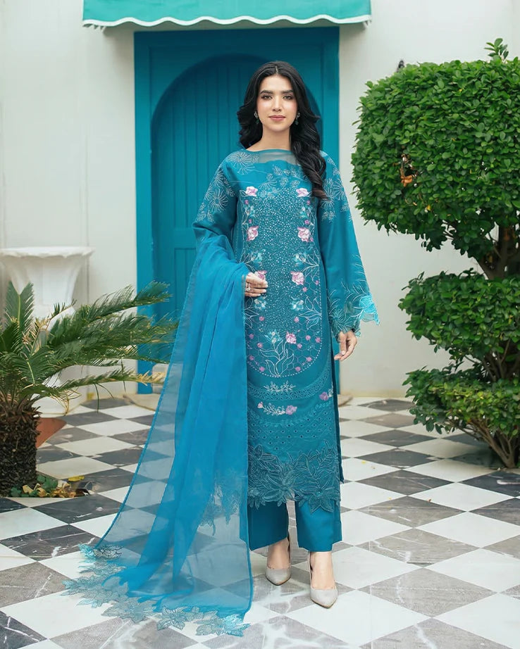 Elegant Teal Blue Embroidered Summer Lawn Suit with Net Dupatta