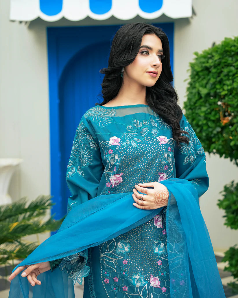Elegant Teal Blue Embroidered Summer Lawn Suit with Net Dupatta