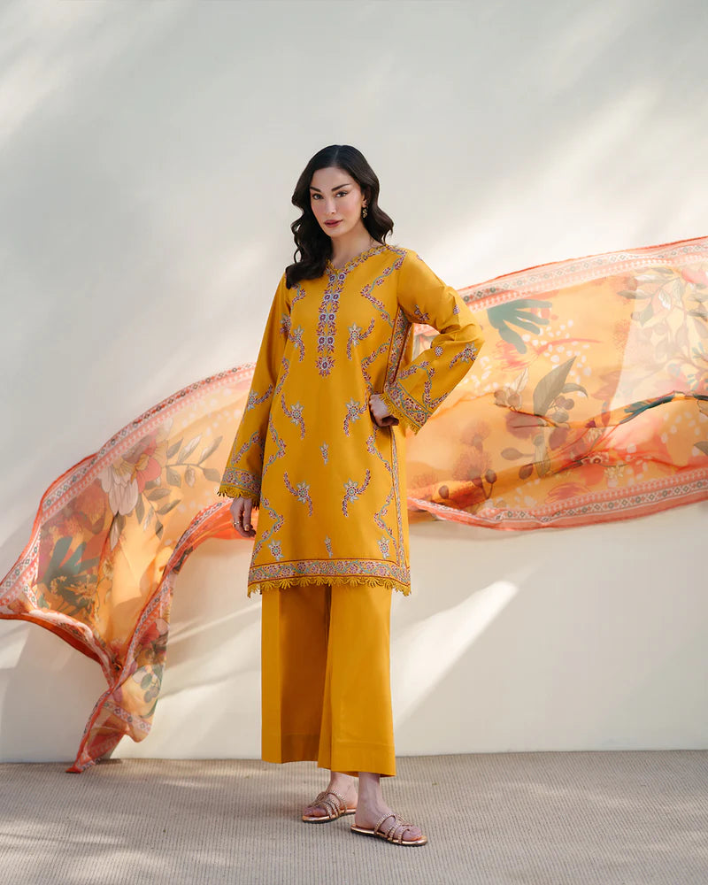 Mustard Embroidered 3 Piece Summer Suit