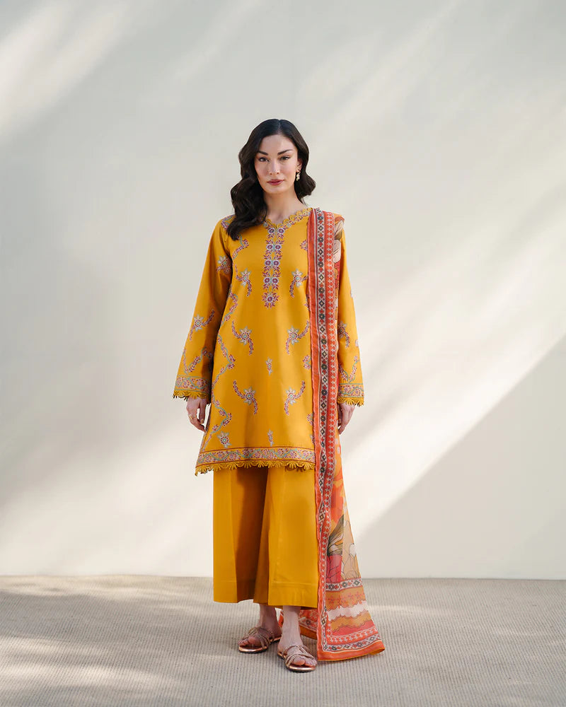 Mustard Embroidered 3 Piece Summer Suit