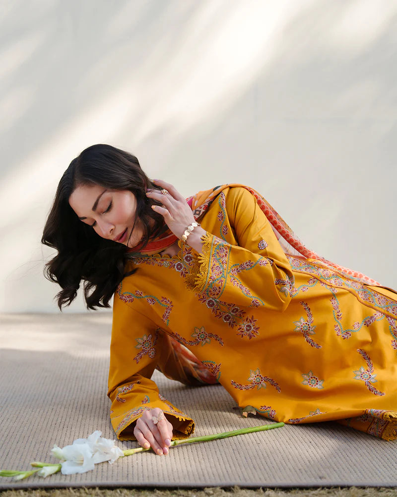 Mustard Embroidered 3 Piece Summer Suit