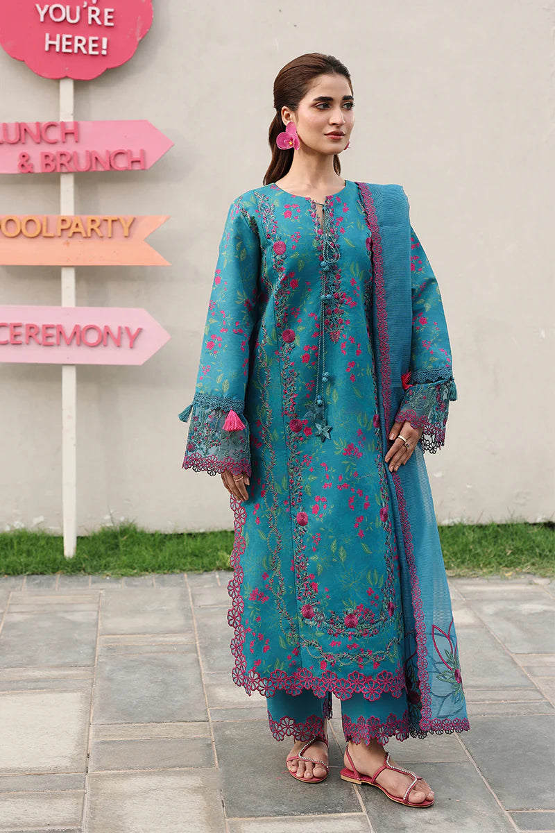 Turquoise Floral Embroidered 3-Piece Summer Lawn Suit