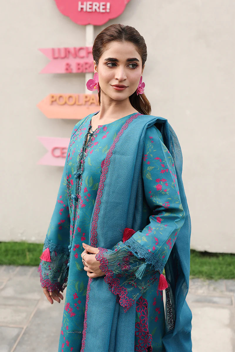 Turquoise Floral Embroidered 3-Piece Summer Lawn Suit
