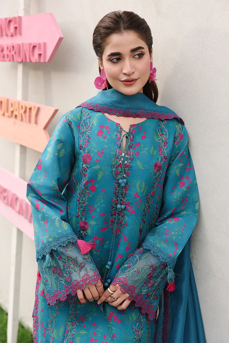 Turquoise Floral Embroidered 3-Piece Summer Lawn Suit