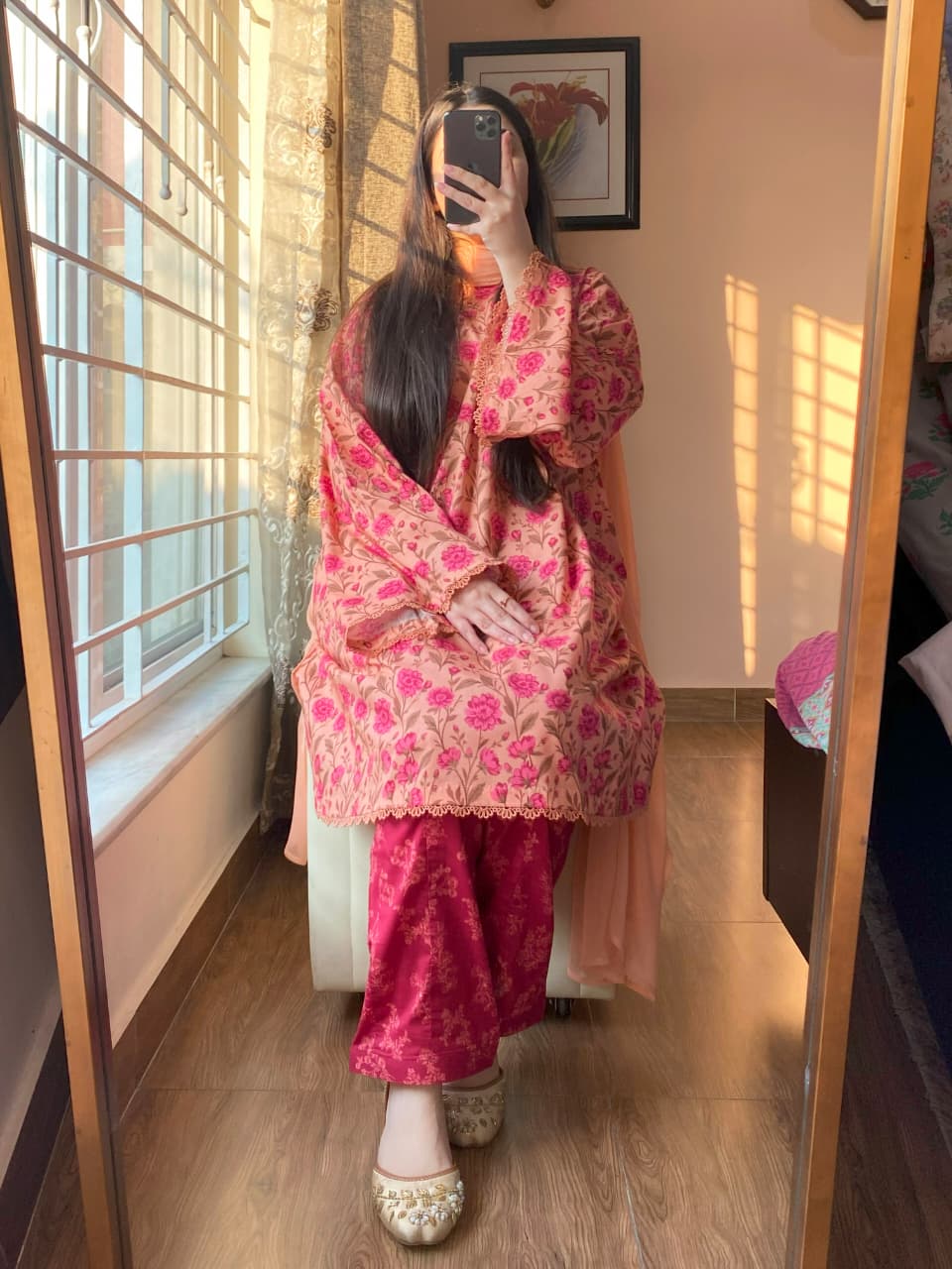 3 Piece - Lawn Cambric Printed Dress with Shalwar