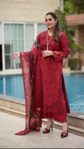 3PC Lawn Red Embroidered Suit Set