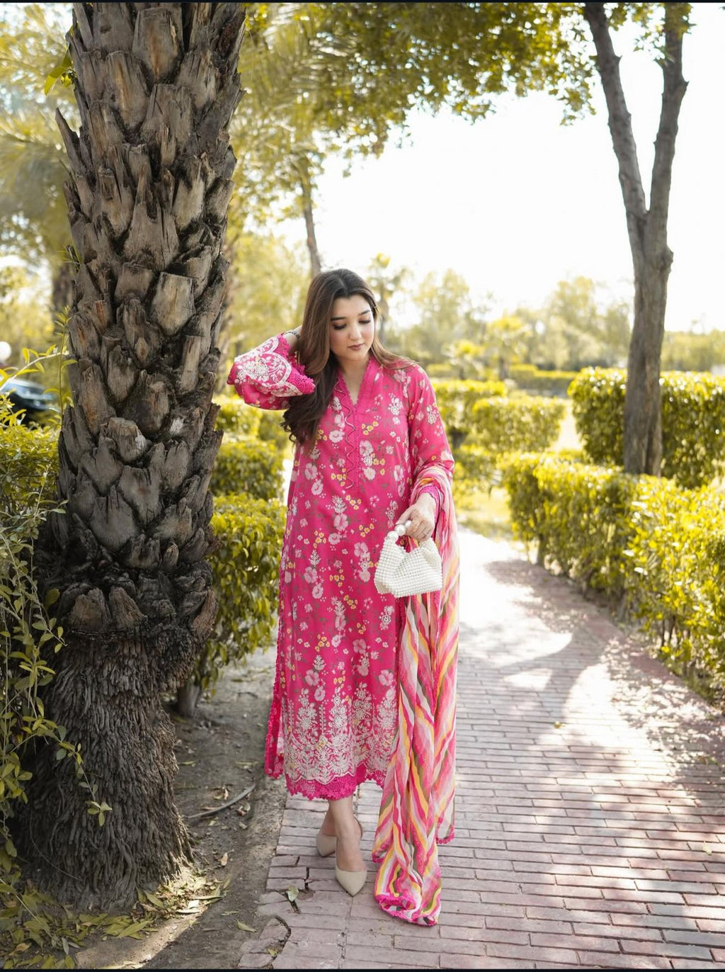 3PC Elegant Pink Floral Embroidered Lawn Suit with Printed Dupatta
