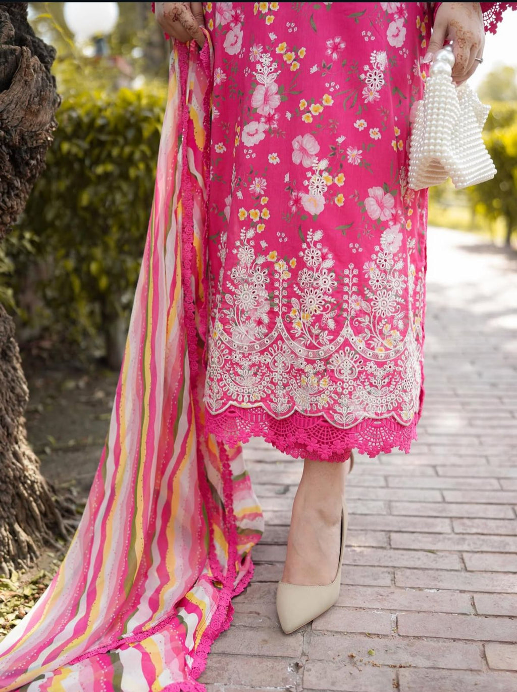 3PC Elegant Pink Floral Embroidered Lawn Suit with Printed Dupatta