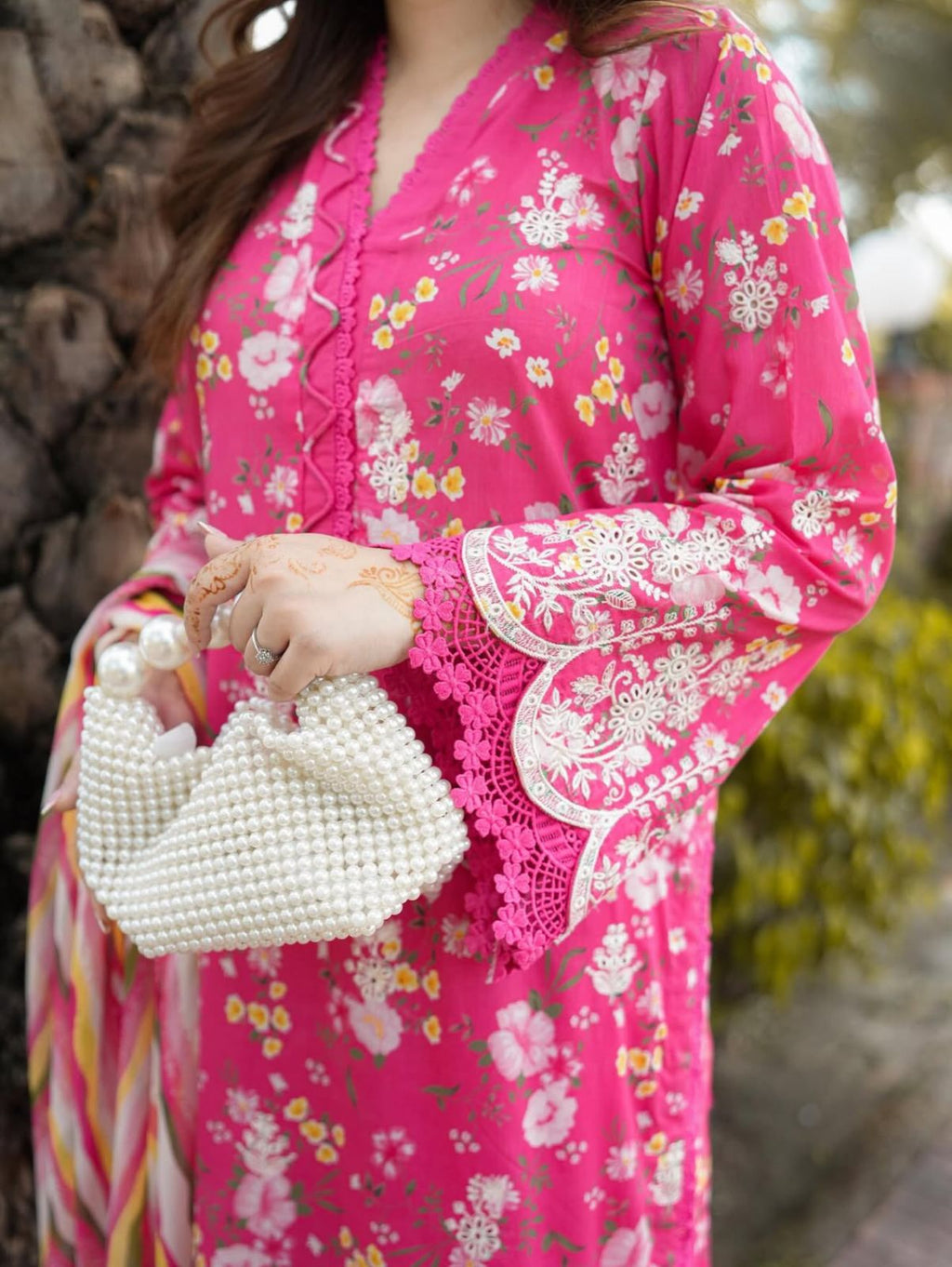 3PC Elegant Pink Floral Embroidered Lawn Suit with Printed Dupatta