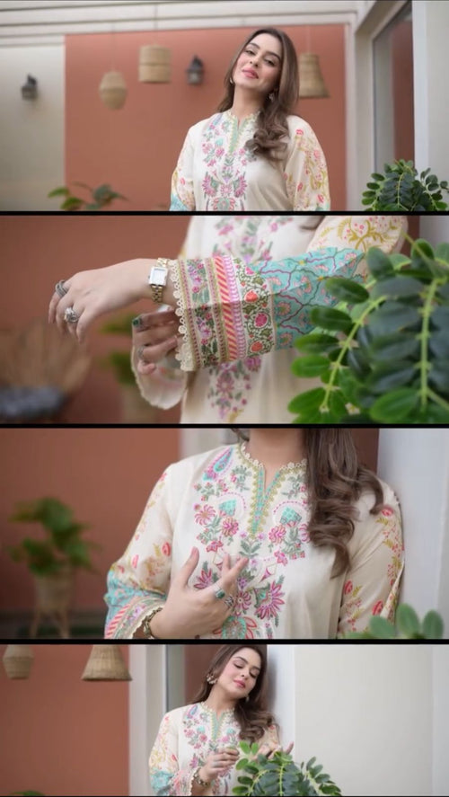 2PC SUMMER Elegant Beige Floral Embroidered Long Kurti for Women