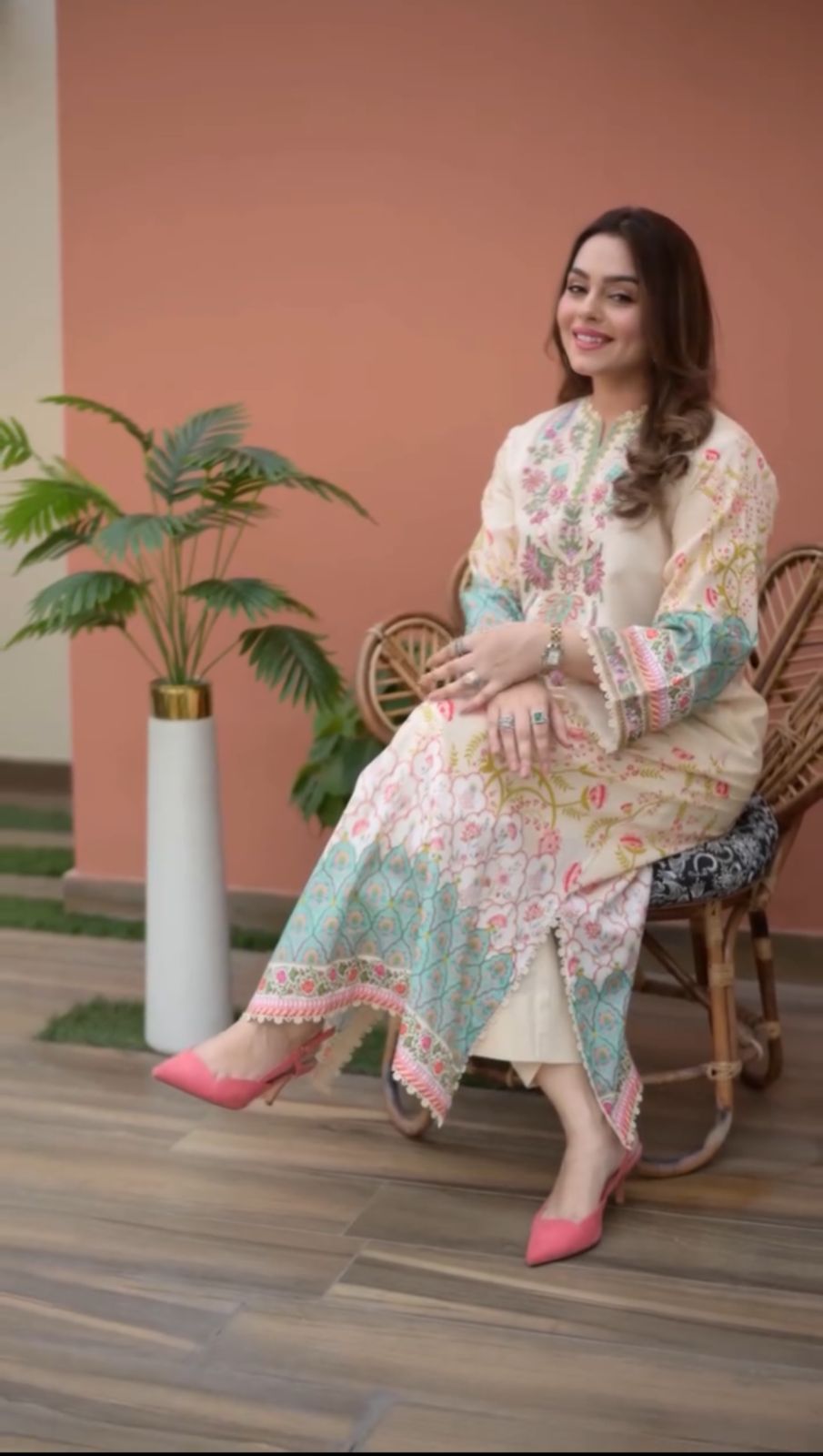 2PC SUMMER Elegant Beige Floral Embroidered Long Kurti for Women