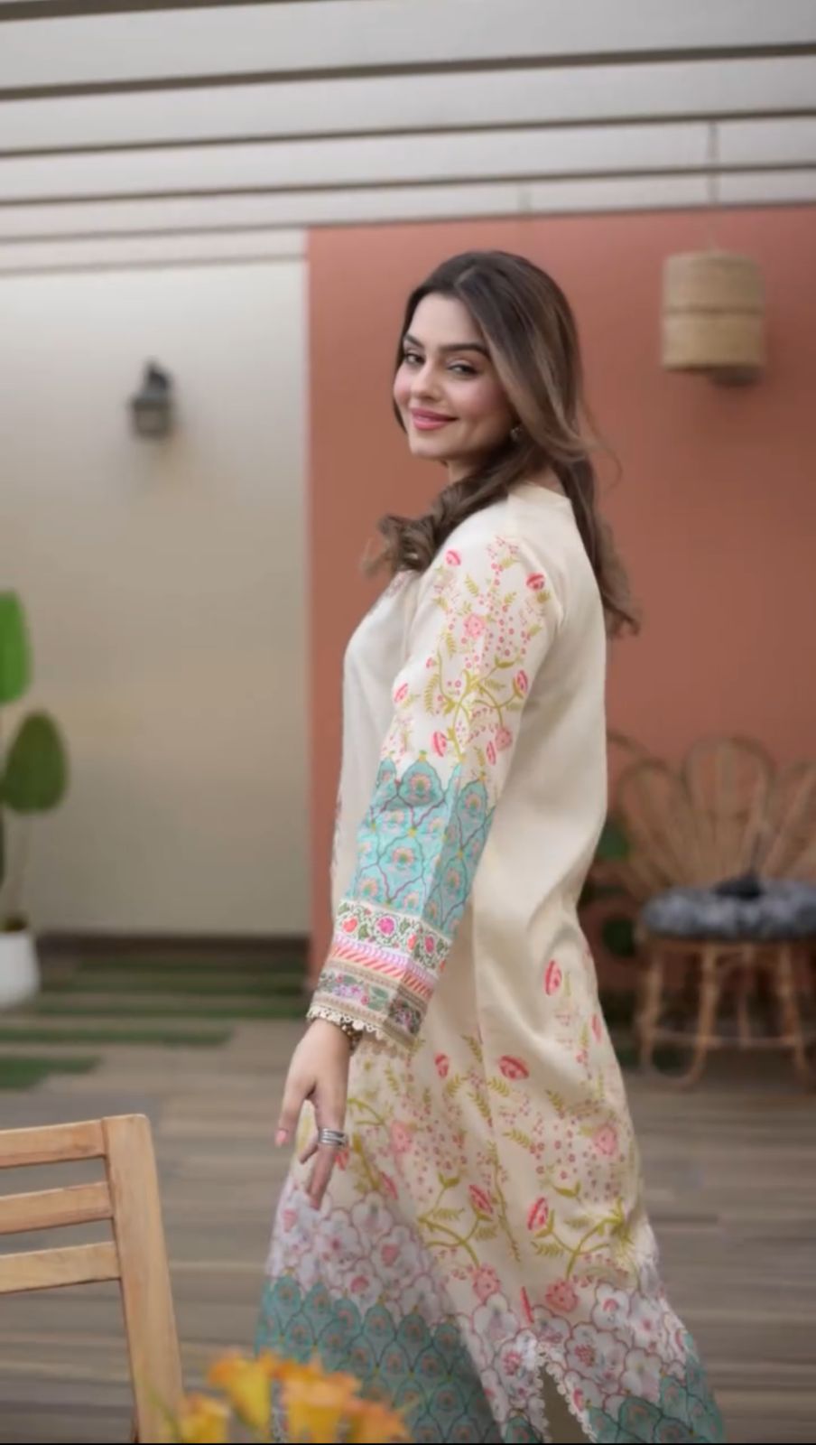 2PC SUMMER Elegant Beige Floral Embroidered Long Kurti for Women