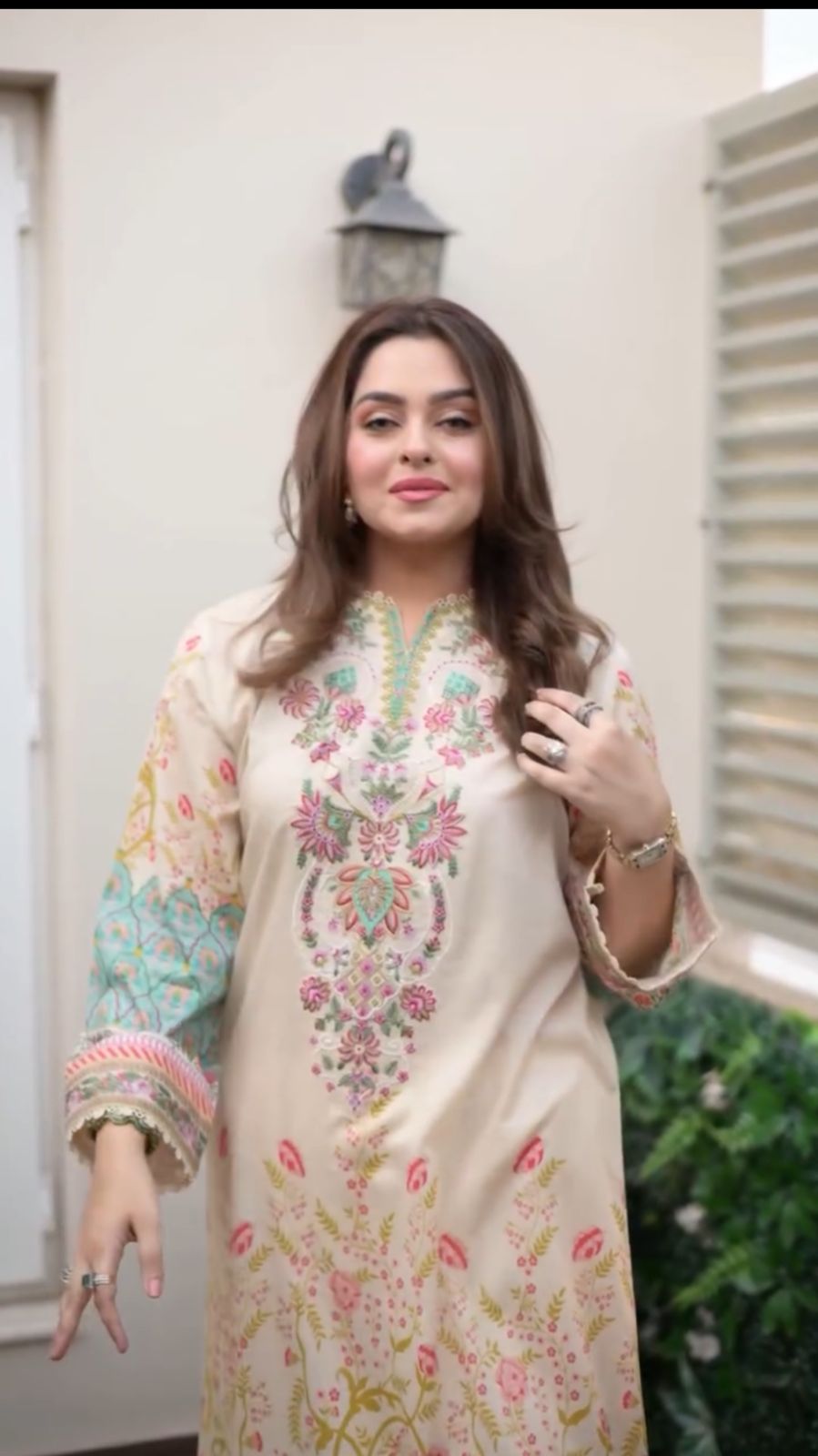 2PC SUMMER Elegant Beige Floral Embroidered Long Kurti for Women