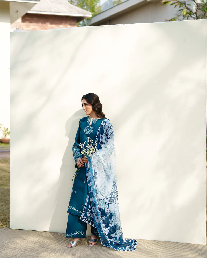 Teal Blue Embroidered 3-Piece Lawn Suit with Printed Dupatta – Summer Collection