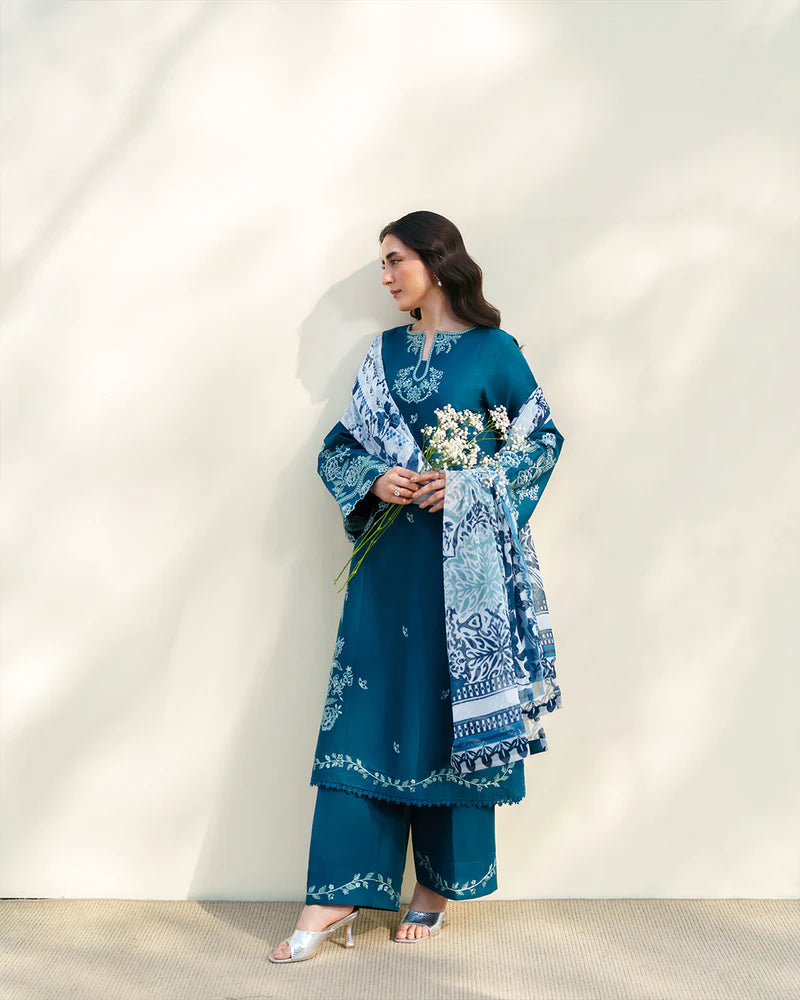 Teal Blue Embroidered 3-Piece Lawn Suit with Printed Dupatta – Summer Collection