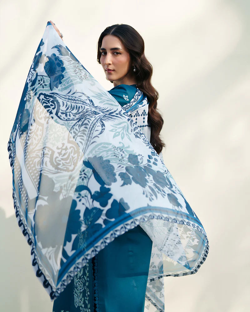 Teal Blue Embroidered 3-Piece Lawn Suit with Printed Dupatta – Summer Collection