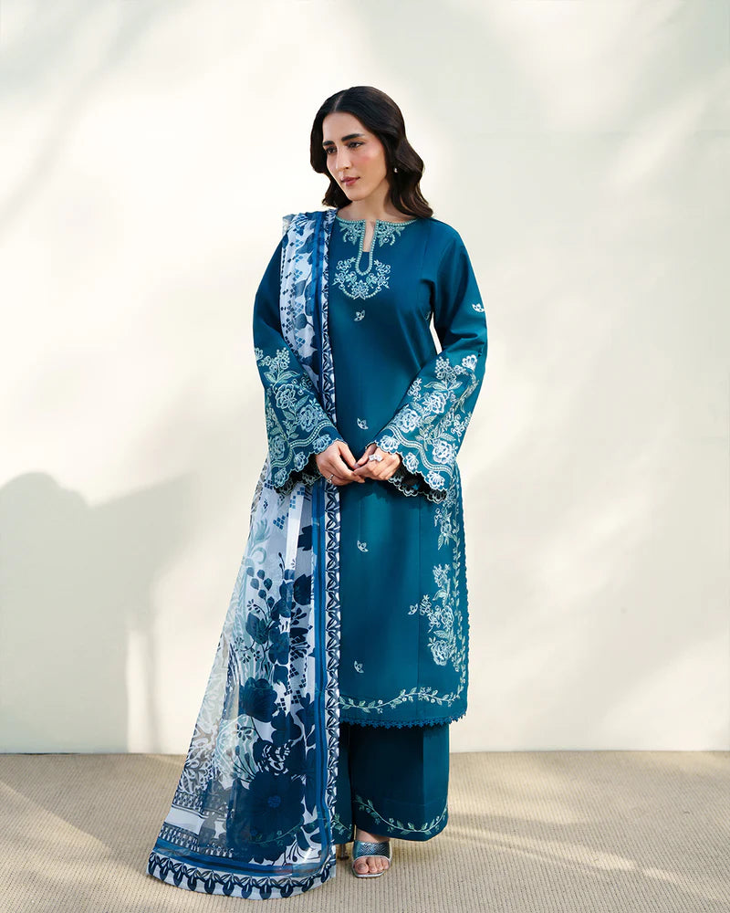 Teal Blue Embroidered 3-Piece Lawn Suit with Printed Dupatta – Summer Collection