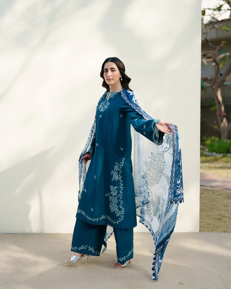 Teal Blue Embroidered 3-Piece Lawn Suit with Printed Dupatta – Summer Collection